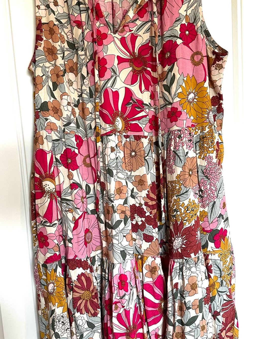 Kori Sleeveless Floral Tiered Dress in Pink, Mustard & Brown